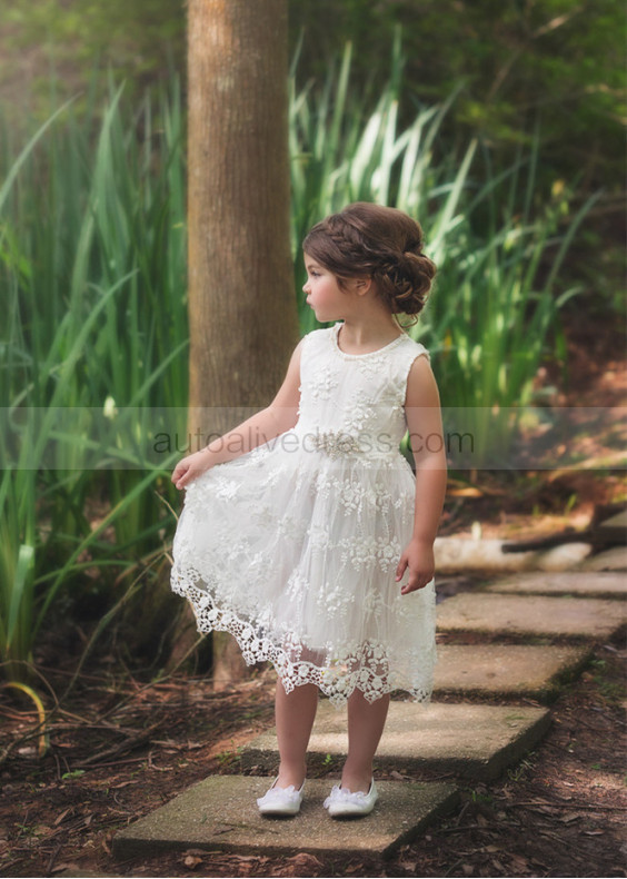 Ivory Pearls Neckline Lace Flower Girl Dress